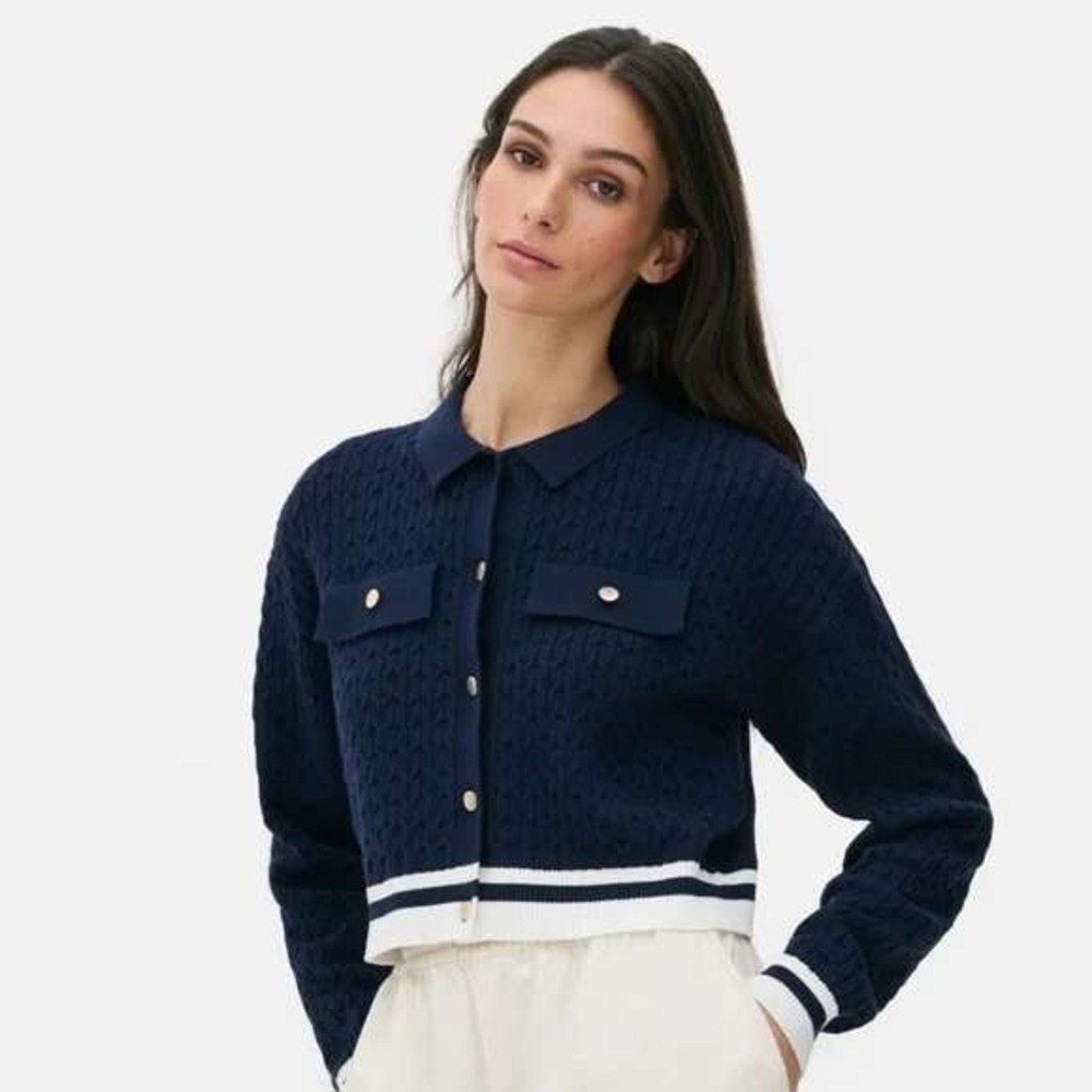 Primark Navy Blue Cable Knit‎ Cardigan Sweater Collared Striped Preppy Large